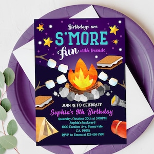 S&#39;mores fun Birthday Invitation Backyard Camping Invite S&#39;mores Bonfire Kids Campfire Smore Fun With Friends EDITABLE DOWNLOAD Bir237