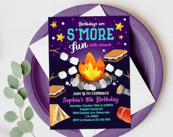 May include: Purple invitation with a campfire scene and the text "Birthdays are S'MORE fun with friends". The invitation is for Sophia's 9th birthday party and includes details about the date, time, location, and RSVP information.