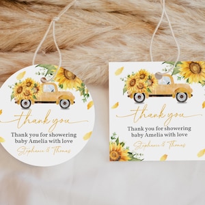 Bewerkbare zonnebloem babyshower bedankt voor tag gele vrachtwagen ronde tag sticker label afdrukbare zonnebloem gunst tag rustiek zomer Bab290