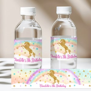 Étiquettes pour bouteille d'eau licorne arc-en-ciel, fête d'anniversaire de licorne MODIFIABLES, téléchargement licorne dorée scintillante Bir54