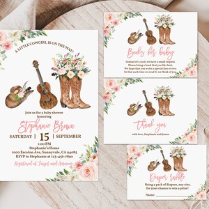 Little Cowgirl Baby Shower Invitation Set Country Cowgirl Boots Invite Bundle Western Rustic Boho Floral Editable Printable Download Bab208