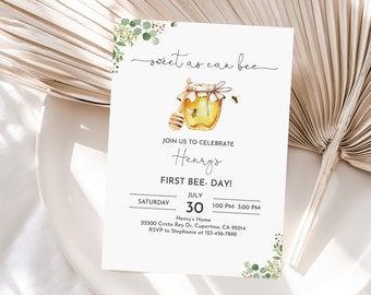 Invitación de cumpleaños de abeja amarilla - Plantilla editable, neutral en género (Bir378)