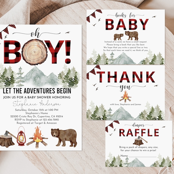 Lumberjack baby shower Invitation set Buffalo Plaid Check Invite bundle Bear Oh boy Rustic Wilderness Editable Printable Download Bab216