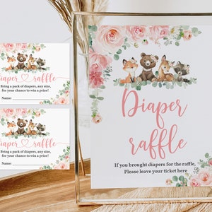 Woodland Baby Shower Windel Verlosung Zeichen und Ticket Blush rosa Blumen Waldtiere Duschaktivität Botanische Mädchen Editable Printable Bab210
