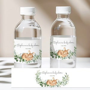 Étiquette de bouteille d'eau de baby shower Oh Deer Animaux de la forêt Emballage de bouteille d'eau Animaux de la forêt Verdure Bohème sauvage Modifiable imprimable Bab120