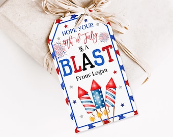 May include: White gift tag with red, white, and blue stars and fireworks. The text reads "Hope your 4th of July is a BLAST From: Logan".