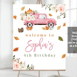 Letrero de bienvenida con forma de calabaza, camión de calabaza rosa, cartel de bienvenida de cumpleaños, baby shower de otoño, niña, plantilla rosa, editable, imprimible, descarga Bir315
