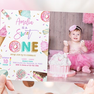 Sweet One Photo Birthday Invitation Pastel Sweets Invite Donut Candy Ice cream Cupcake 1st Birthday Editable Printable Download Bir360