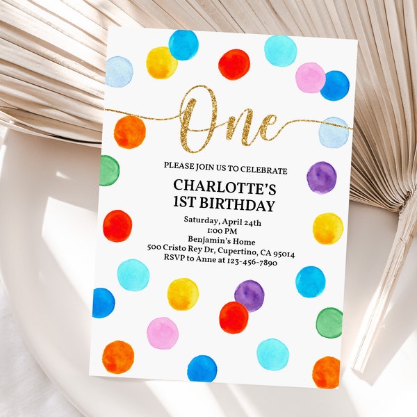 Rainbow Polka Dot Birthday Invitation Watercolor Spots Birthday Invite Girl 1st First Rainbow Gold Digital Editable Printable Download Bir55