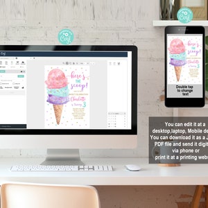 May include: Editable digital invitation for a birthday party with an ice cream cone theme. The invitation features a watercolor illustration of a colorful ice cream cone with sprinkles and the text "Here's the scoop!" and "Charlotte is turning 3".