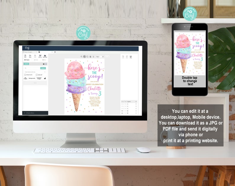 May include: Editable digital invitation for a birthday party with an ice cream cone theme. The invitation features a watercolor illustration of a colorful ice cream cone with sprinkles and the text "Here's the scoop!" and "Charlotte is turning 3".