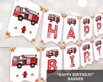 Firetruck Birthday Banner: Editable Fireman Party (Printable Digital Bir71)