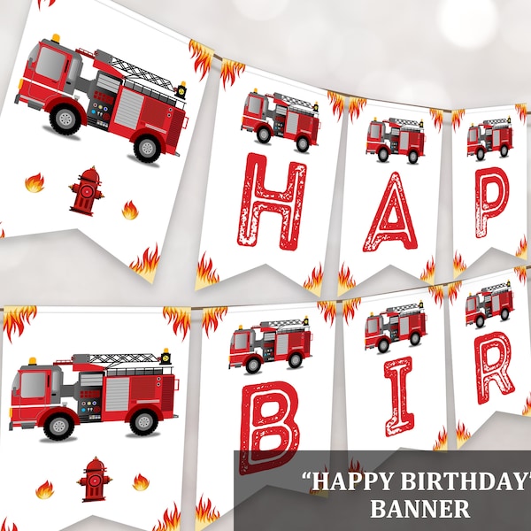 Editable Firetruck Birthday Banner Fire Truck Party Decorations Fireman Bunting Banner Party decorations Printable Digital Firetruck Bir71