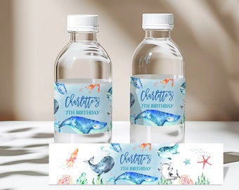 Etichette per bottiglie d'acqua: compleanno sottomarino - Etichette modificabili per feste oceaniche Bir306