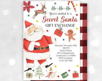 May include: A festive invitation to a Secret Santa gift exchange with a cartoon Santa Claus holding a gift box. The invitation includes the date, time, and location of the event. The background is a red and white checkered pattern.