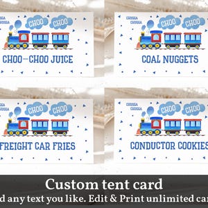 Cartão de comida para festa de aniversário de trem editável Choo Choo Party Decor Train Food Tent Place Card Boy Blue Train Label Template Printable Bir60