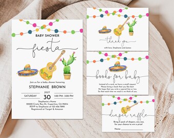 Può includere: Un set di quattro inviti stampabili per una festa di baby shower a tema fiesta. Gli inviti presentano un'illustrazione ad acquerello di un sombrero, una chitarra e un cactus. Il testo sugli inviti recita "Baby Shower Fiesta", "Grazie", "Libri per il bambino" e "Lotteria pannolini".