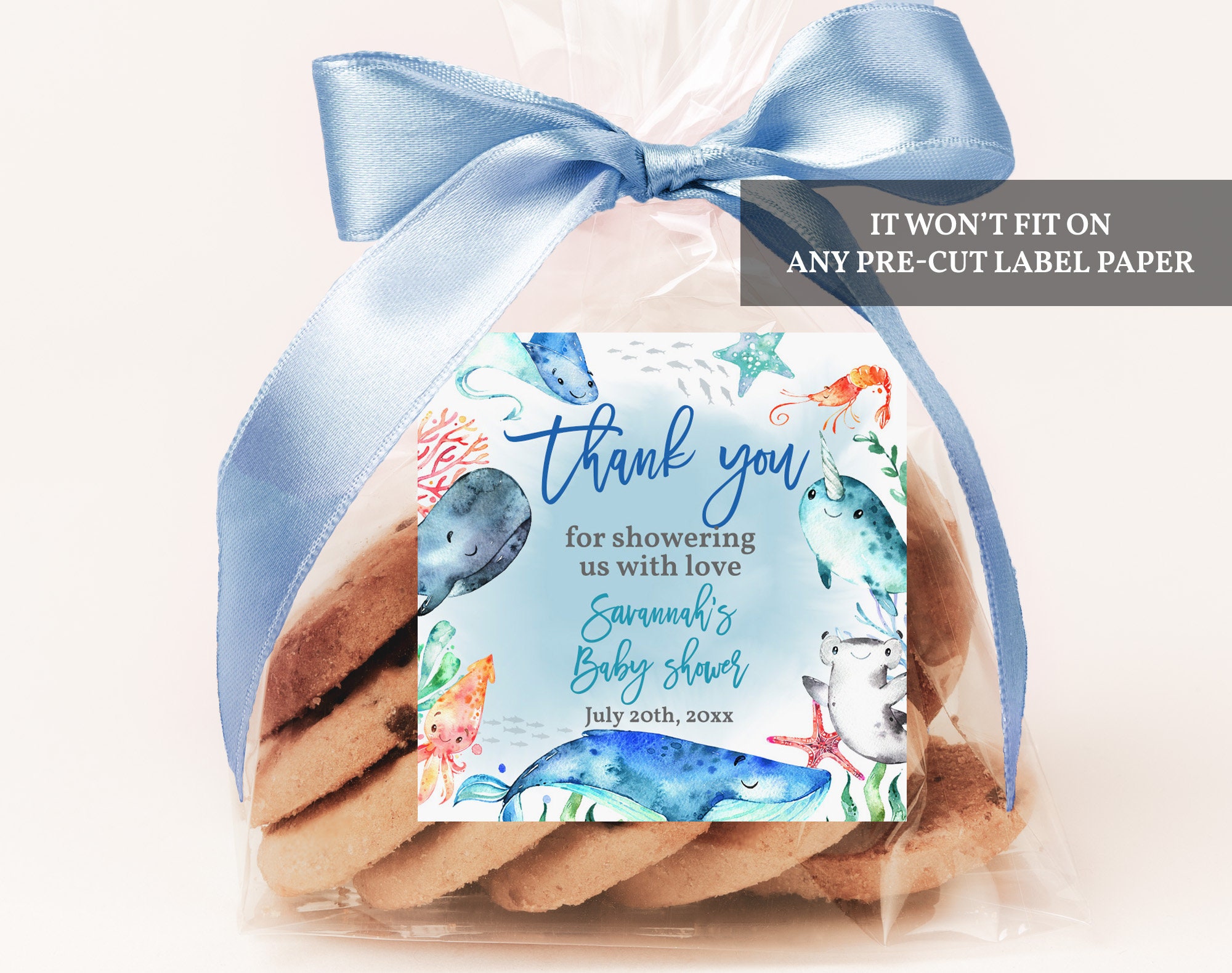 Sea baby shower Favor Label Sea Sticker decor Ocean thank you tag Sea Animals Square Editable Printable Download Bab156