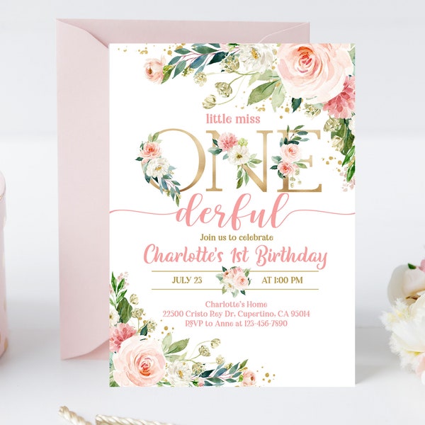 Little Miss Onederful Geburtstagseinladung Blush Pink Floral Girl 1.Birthday Party Invite Garten Gold Bearbeitbare Druckbare Download Bir303