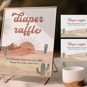 Editierbare Retro Sonne Windel Raffle Zeichen und Los Wüste Boho Sonnenschein Baby Shower Spiel Boho Hier kommt der Sohn Printable Game Bab239