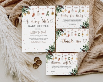 May include: A Christmas-themed baby shower invitation with a white background and red and green accents. The invitation features a festive garland with ornaments, a snowman, and a stocking. The text reads "A merry little baby shower" and includes the names "Kristen & David".