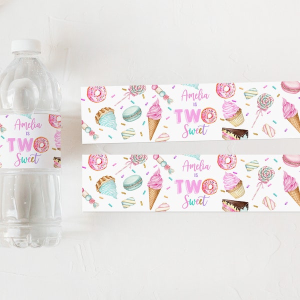 Zwei süße Geburtstagswasserflaschenetikett Mädchen 2. Geburtstag Candy Cupcake Donut Pastell Süßwasserwrapper Bearbeitbare Druckbare Download Bir338