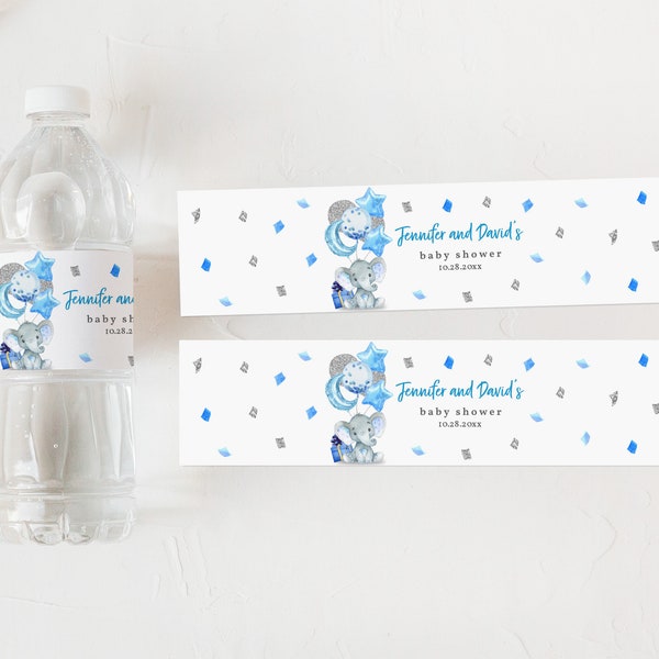 Elephant baby shower Water Bottle Wrappers blue balloon Elephant water label Boy Jungle Blue silver Sprinkle Editable Printable Bab62