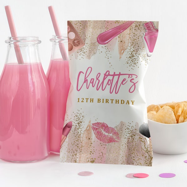 Editable Spa Birthday Chip bag Spa party Snack Treat Bag Glam Party decorations Girl Makeup Glitters Pamper Party Favors Pintable Bir309