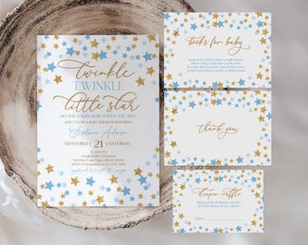 May include: Baby shower invitation set with a "Twinkle Twinkle Little Star" theme. The invitation and accompanying cards feature gold and blue stars on a white background. The set includes an invitation, thank you cards, and a diaper raffle card.
