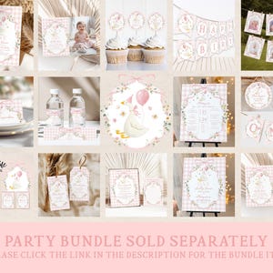 The image is a collage of various party-related items, including invitations, decorations, and other party supplies, all featuring a pink and white color scheme.