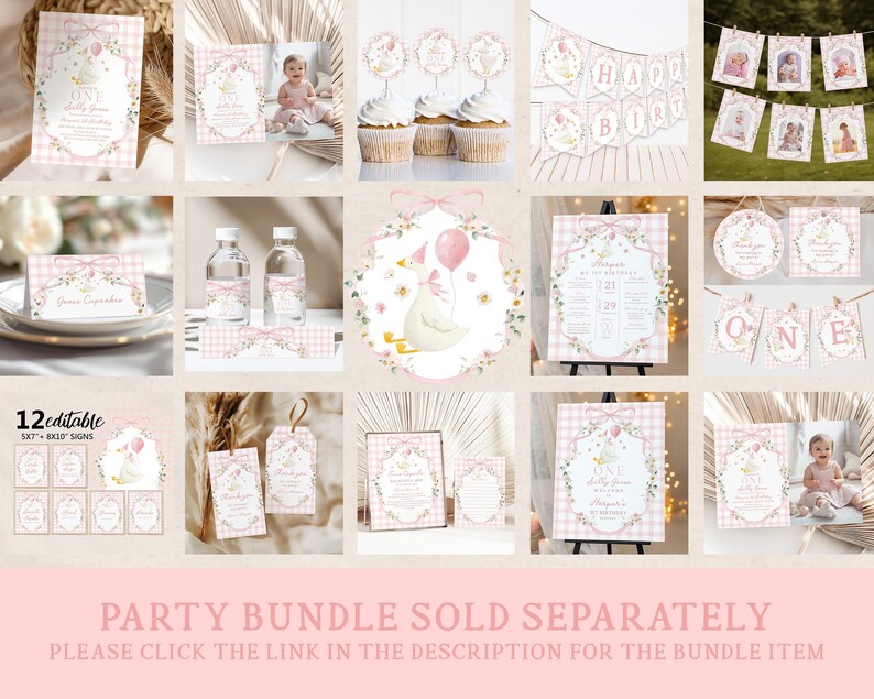 The image is a collage of various party-related items, including invitations, decorations, and other party supplies, all featuring a pink and white color scheme.