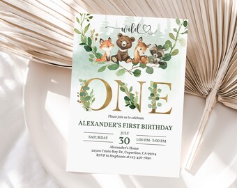 May include: A woodland-themed first birthday invitation with a gold "ONE" surrounded by greenery. The invitation features a fox, bear, deer, and raccoon in a forest setting. The text reads "Please join us to celebrate ALEXANDER'S FIRST BIRTHDAY, SATURDAY, JULY 30, 1:00 PM - 3:00 PM, Alexander's Home, 22500 Cristo Rey Dr, Cupertino, CA 95014, RSVP to Stephanie at 123-456-7890."