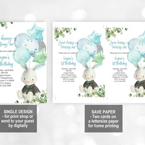 May include: Two printable invitation cards for a first birthday party. The cards feature a white bunny rabbit holding blue and green balloons with silver glitter accents. The text on the cards reads "Some bunny is turning one" and includes the party details.