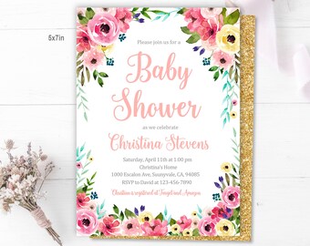 Baby Shower Invitation: Floral Pink and Gold Glitter - Editable Download Bab4