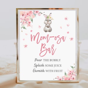 Momosa Bar Sign Girl Bunny baby shower Rabbit Mom-osa Bar Sign Bunny Decoration Sakura Floral Blush pink Editable Printable Download Eaba3