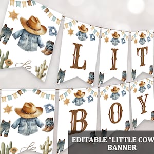 Banner per baby shower da cowboy piccolo, stampabile, decorazione per baby shower da ragazzo selvaggio, stivali da rodeo modificabili, cospargi di cactus, rustico, per bambini Bab241