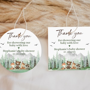 Let The Adventure Begin Labels Woodland animals Baby Shower Favors Forest Mountain Round Square stickers Editable Printable Download Bab194