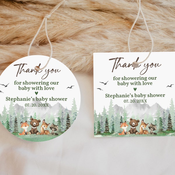 Let The Adventure Begin Labels Woodland animals Baby Shower Favors Forest Mountain Round Square stickers Editable Printable Download Bab194