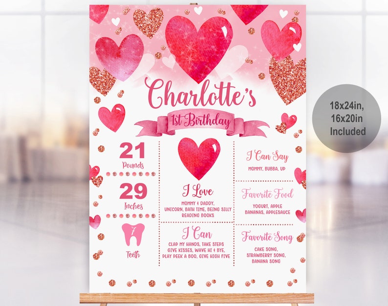 Valentines Birthday Milestone sign Red Heart Chalkboard sign Girl First Birthday Pink Rose gold Hearts Decorations Editable Printable Bir104 image 4