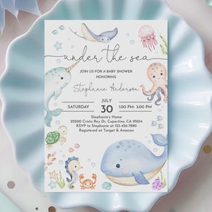 Invito per baby shower sotto il mare Invito per baby shower modificabile con animali dell'oceano Modello per baby shower nautico Genere neutro Bambino Bab323
