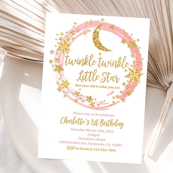 Twinkle Twinkle Little Star Birthday Invitation Party Invite Pink Gold Mini Star Moon Girl Glitter 1st Editable Printable Download Bir163