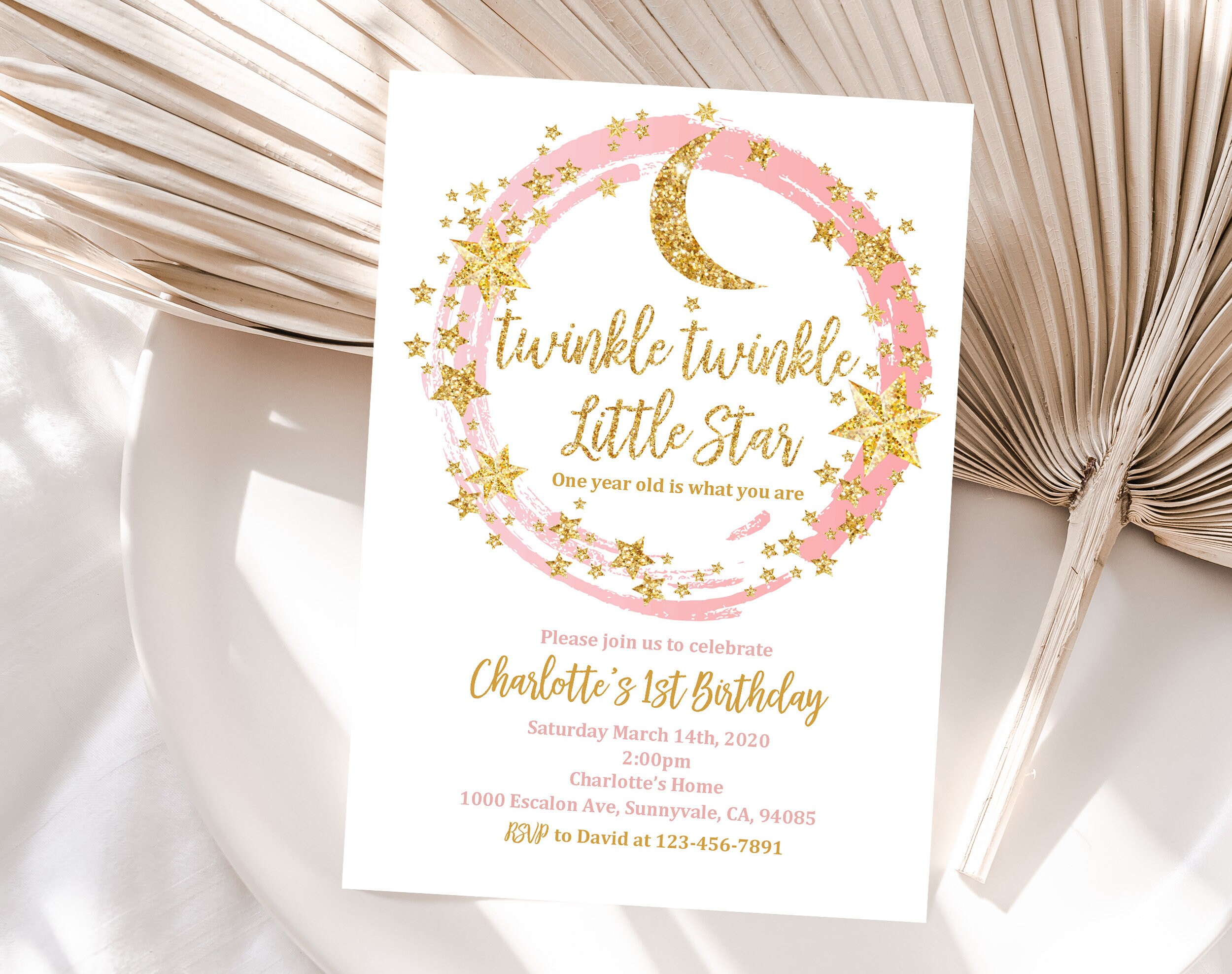 Twinkle Twinkle Little Star Birthday Invitation Party Invite Pink Gold Mini Star Moon Girl Glitter 1st Editable Printable Download Bir163