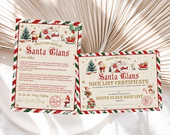May include: A letter and a Nice List certificate from Santa Claus featuring festive illustrations of a Christmas tree, a snowman, and a sleigh. The stationery has a red and green striped border with gold stars and text that reads From the Desk of Santa Claus.