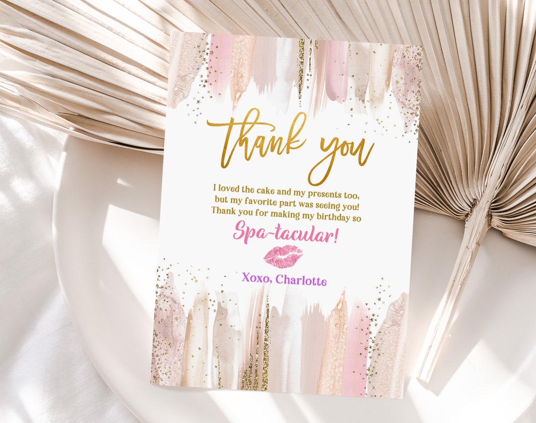 Spa Birthday Thank You Card Makeup Party Thank You Note Spa Sleepover