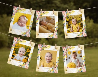 First Birthday Photo Banner: Bee Theme - Editable Monthly Cards Bir304