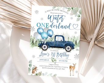 May include: A blue and white winter wonderland themed first birthday party invitation featuring a blue pickup truck, balloons, and a deer. The text reads "It will be snow much fun. Please join us in a Winter Wonderland to celebrate Logan's 1st Birthday. January 23 at 1:00 PM. Logan's Home 22500 Cristo Rey Dr, Cupertino, CA 95014. RSVP to Jennifer at 123-456-7890."