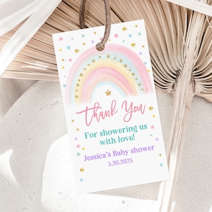 Etiquetas de agradecimento arco-íris pastel Etiquetas para festa Chá de bebê Favor Etiquetas para presente Etiquetas de glitter arco-íris pastel Decoração de arco-íris Editável para impressão Baixar Bab155