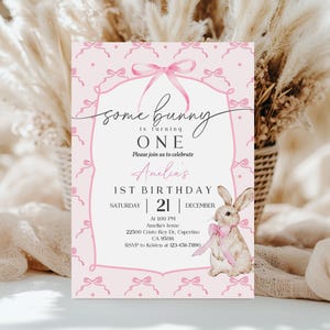Hase Geburtstagseinladung Vorlage Pastell Rosa Schleife Geburtstag einladen Kaninchen Aquarell Band 1st Birthday Girl Pink Printable Ostern EaBir18