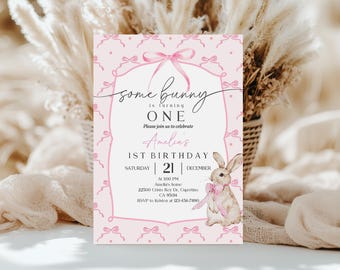 Bunny Birthday Invitation: Pink Watercolor Rabbit (Editable, Digital)