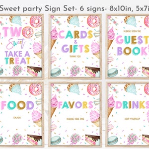 Zwei süße Geburtstagsparty Schilder Set 2nd Geburtstag Dessert Party Tischschild Bundle Tisch Dekor Icecreme Donut Bearbeitbar Druckbar Download Bir338